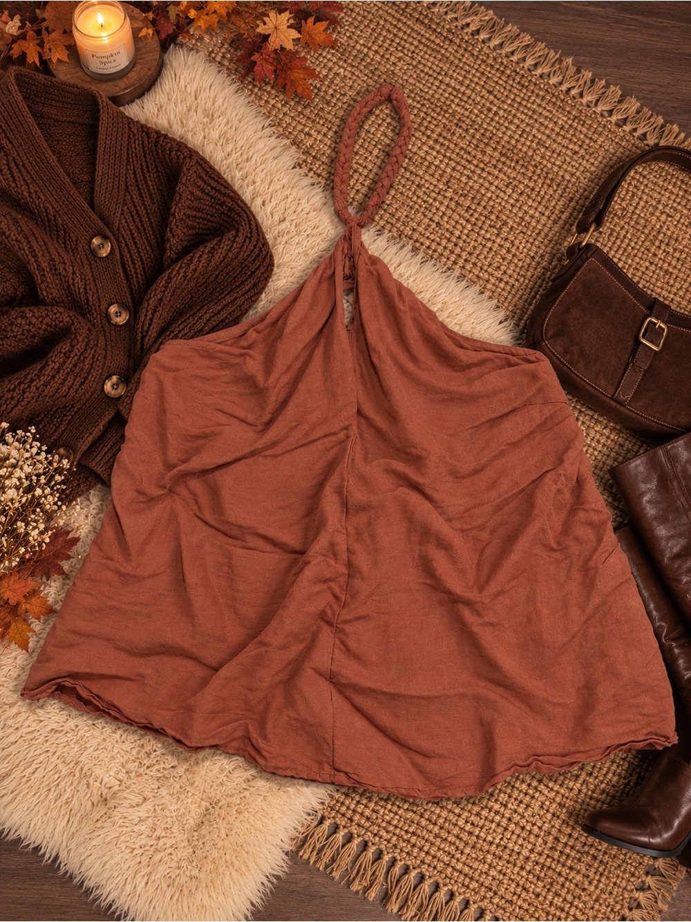 INC International Concepts Braided-Halter Swing Cami in Rust